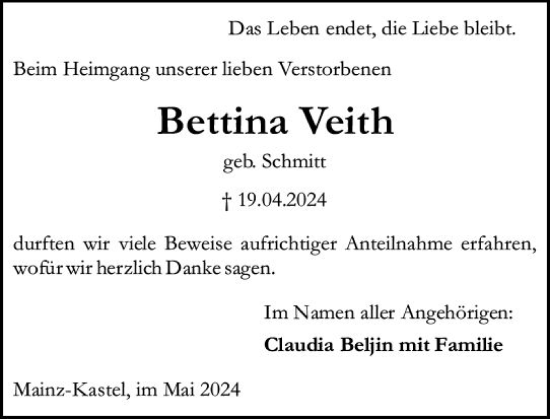 Traueranzeige von Bettina Veith von Allgemeine Zeitung Mainz