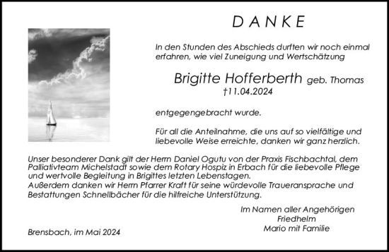 Traueranzeige von Brigitte Hofferberth von Odenwälder Echo