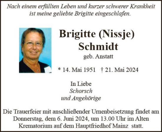 Traueranzeige von Brigitte Schmidt von Allgemeine Zeitung Mainz