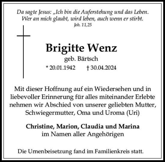 Traueranzeige von Brigitte Wenz von Allgemeine Zeitung Mainz