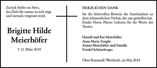 Traueranzeige von Brigitte Hilde Meierhöfer von Darmstädter Echo