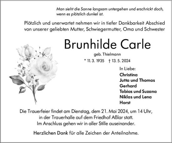 Traueranzeige von Brunhilde Carle von Wetzlarer Neue Zeitung