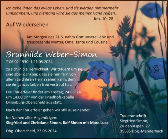 Traueranzeige von Brunhilde Weber-Simon von Dill Block
