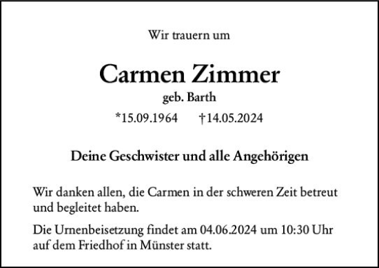 Traueranzeige von Carmen Zimmer von Darmstädter Echo