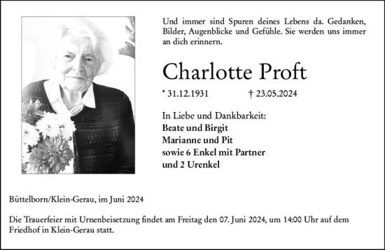Traueranzeige von Charlotte Proft von Groß-Gerauer Echo