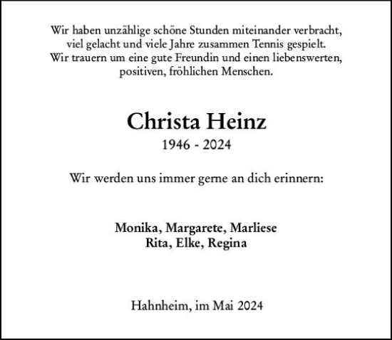 Traueranzeige von Christa Heinz von Allgemeine Zeitung Mainz