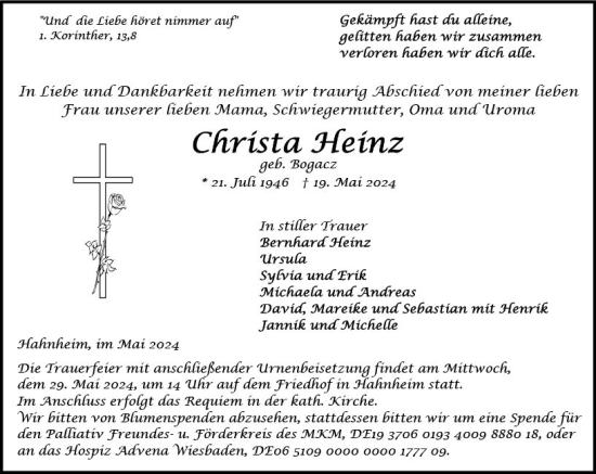 Traueranzeige von Christa Heinz von Allgemeine Zeitung Mainz