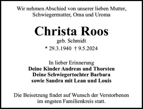 Traueranzeige von Christa Roos von Darmstädter Echo
