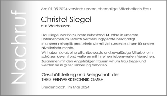 Traueranzeige von Christel Siegel von Hinterländer Anzeiger