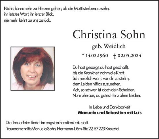 Traueranzeige von Christina Sohn von Dill Block