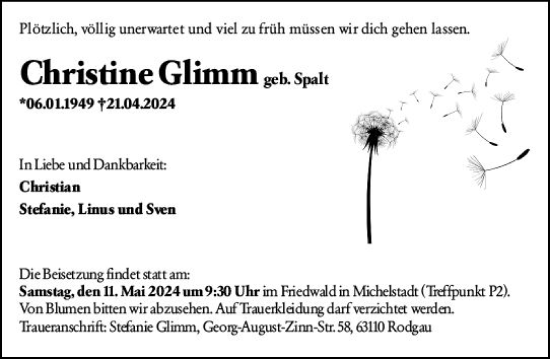 Traueranzeige von Christine Glimm von Darmstädter Echo