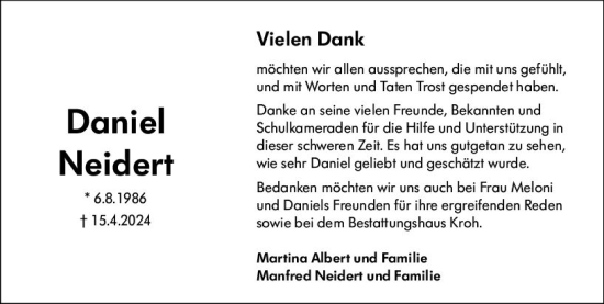 Traueranzeige von Daniel Neidert von Weilburger Tageblatt