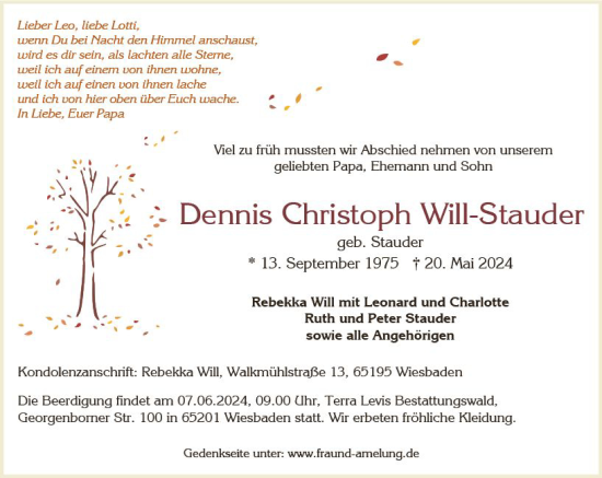 Traueranzeige von Dennis Christoph Will-Stauder von Wiesbadener Kurier