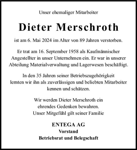 Traueranzeige von Dieter Merschroth von Odenwälder Echo