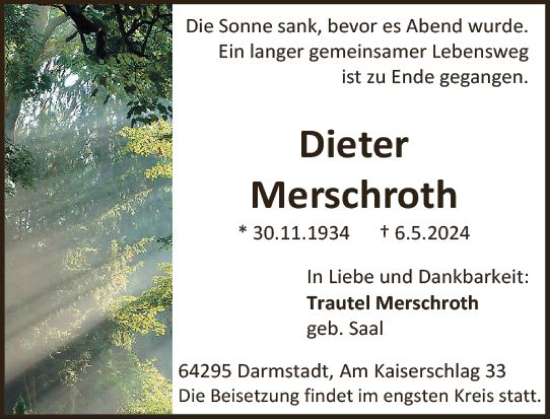Traueranzeige von Dieter Merschroth von Darmstädter Echo