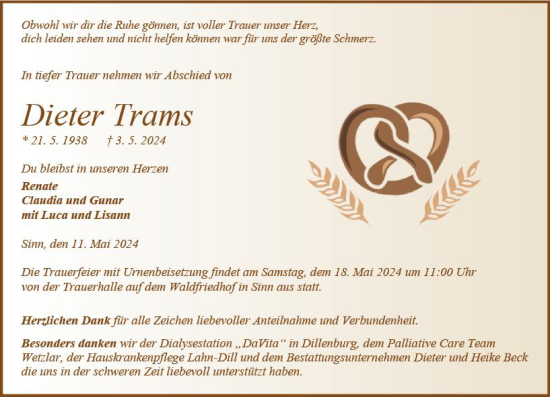 Traueranzeige von Dieter Trams von Dill Block