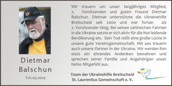 Traueranzeige von Dietmar Balschun von Dill Block