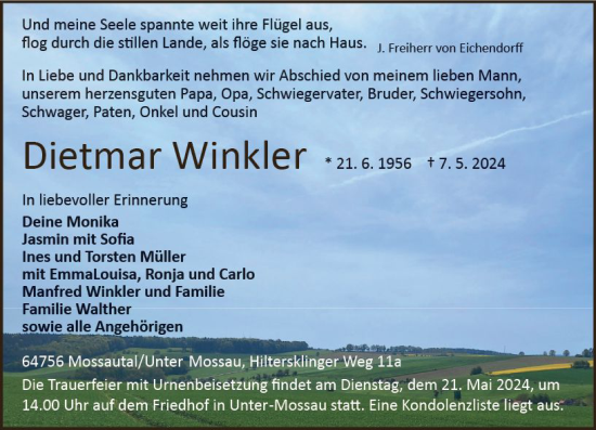Traueranzeige von Dietmar Winkler von Odenwälder Echo