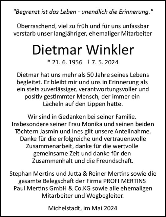 Traueranzeige von Dietmar Winkler von Odenwälder Echo