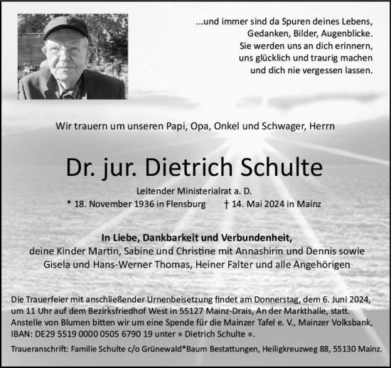 Traueranzeige von Dietrich Schulte von Allgemeine Zeitung Mainz