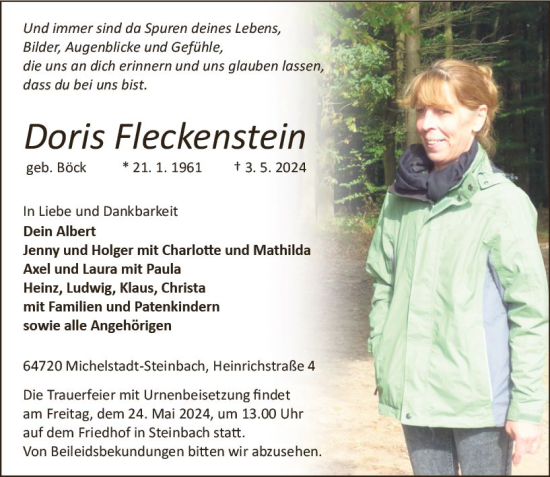 Traueranzeige von Doris Fleckenstein von Odenwälder Echo