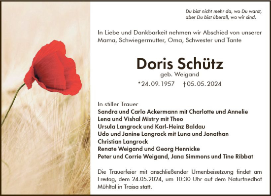 Traueranzeige von Doris Schütz von Darmstädter Echo