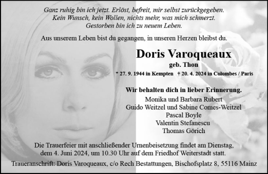 Traueranzeige von Doris Varoqueaux von Groß-Gerauer Echo