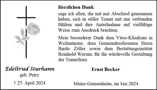 Traueranzeige von Edeltrud Sturhann von Allgemeine Zeitung Mainz