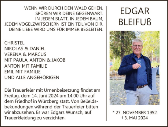 Traueranzeige von Edgar Bleifuß von Odenwälder Echo