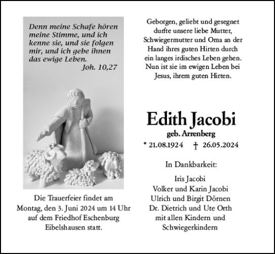 Traueranzeige von Edith Jacobi von Dill Block