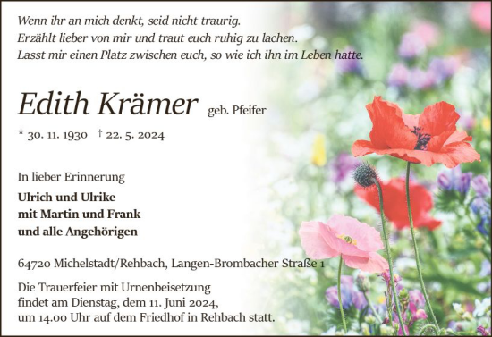 Traueranzeige von Edith Krämer von Odenwälder Echo