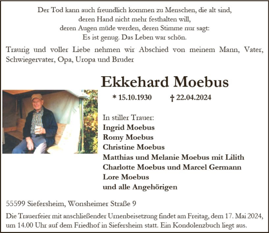 Traueranzeige von Ekkehard Moebus von Allgemeine Zeitung Alzey