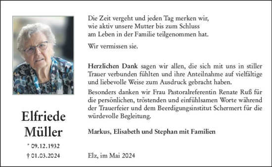 Traueranzeige von Elfriede Müller von Nassauische Neue Presse