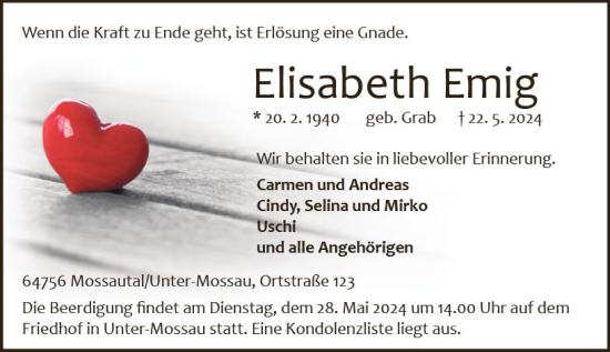 Traueranzeige von Elisabeth Emig von Odenwälder Echo