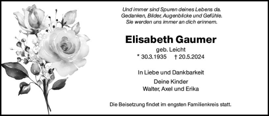 Traueranzeige von Elisabeth Gaumer von Hochheimer Zeitung