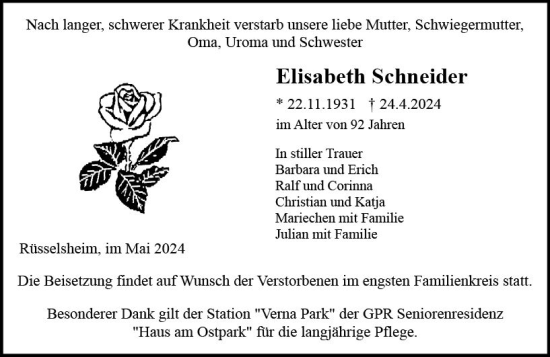 Traueranzeige von Elisabeth Schneider von Rüsselsheimer Echo