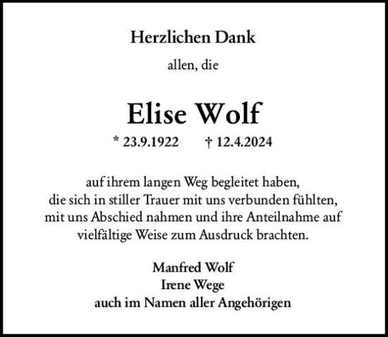 Traueranzeige von Elise Wolf von Hinterländer Anzeiger
