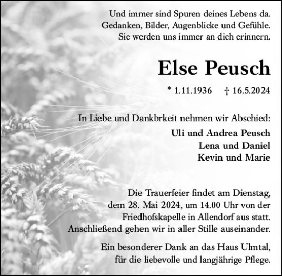 Traueranzeige von Else Peusch von Dill Block