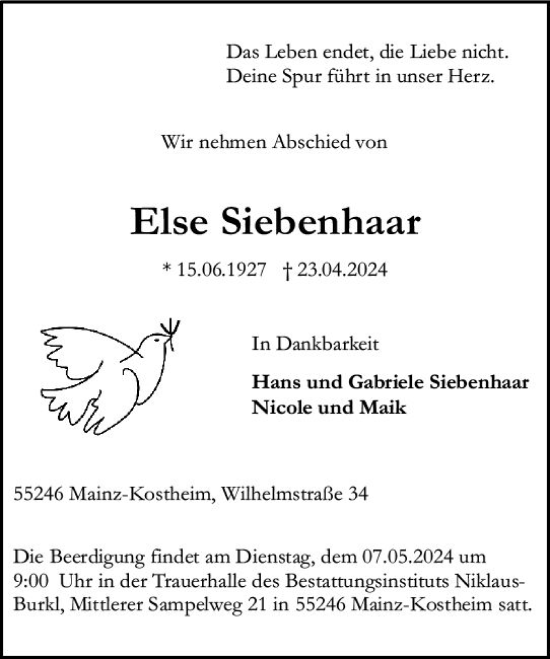 Traueranzeige von Else Siebenhaar von Allgemeine Zeitung Mainz