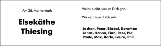 Traueranzeige von Elsekäthe Thiesing von Hochheimer Zeitung