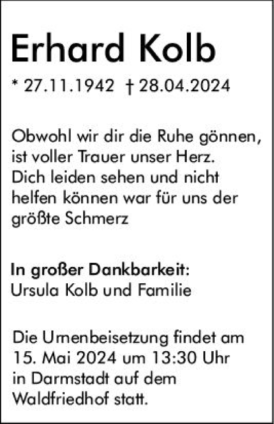 Traueranzeige von Erhard Kolb von Darmstädter Echo