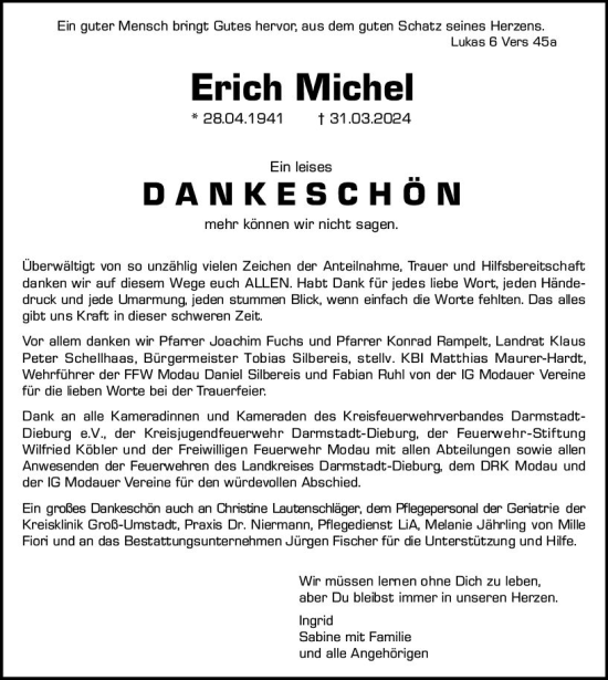 Traueranzeige von Erich Michel von Darmstädter Echo