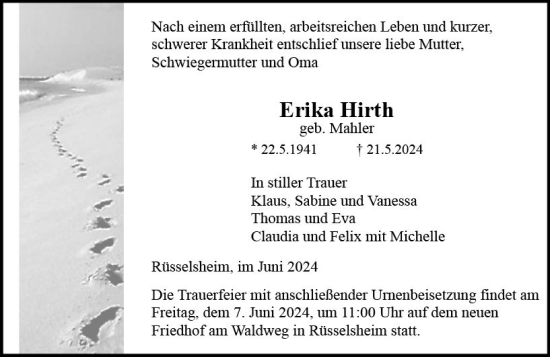 Traueranzeige von Erika Hirth von Rüsselsheimer Echo