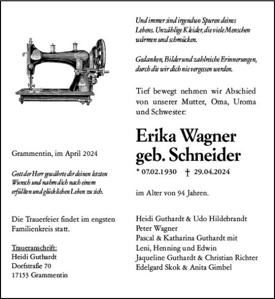 Traueranzeige von Erika Wagner von Hinterländer Anzeiger