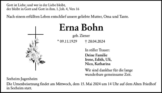 Traueranzeige von Erna Bohn von Darmstädter Echo
