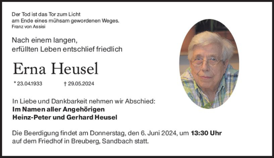 Traueranzeige von Erna Heusel von Odenwälder Echo