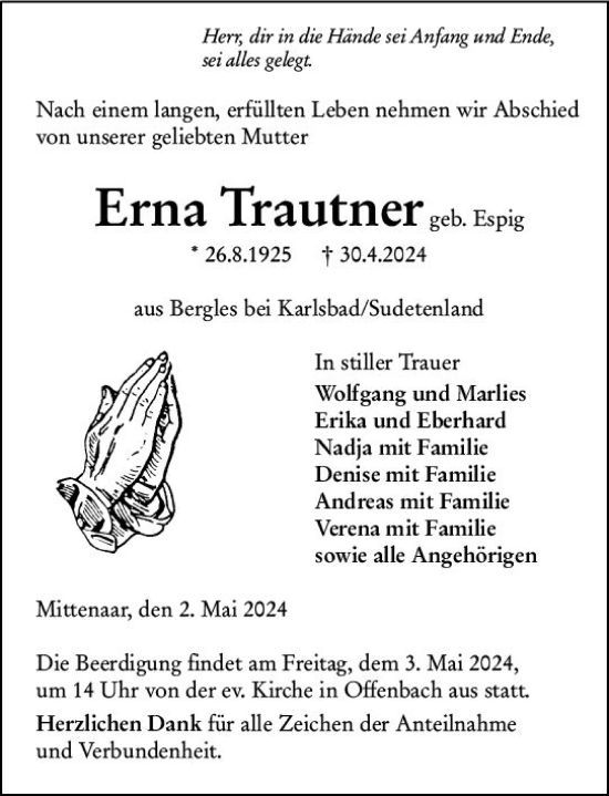 Traueranzeige von Erna Trautner von Dill Block