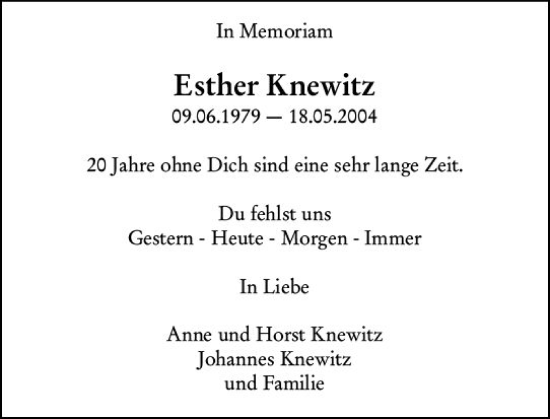 Traueranzeige von Esther Knewitz von Allgemeine Zeitung Bingen/Ingelheim