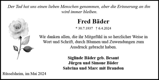 Traueranzeige von Fred Bäder von Rüsselsheimer Echo