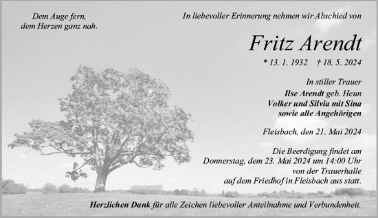 Traueranzeige von Fritz Arendt von Dill Block